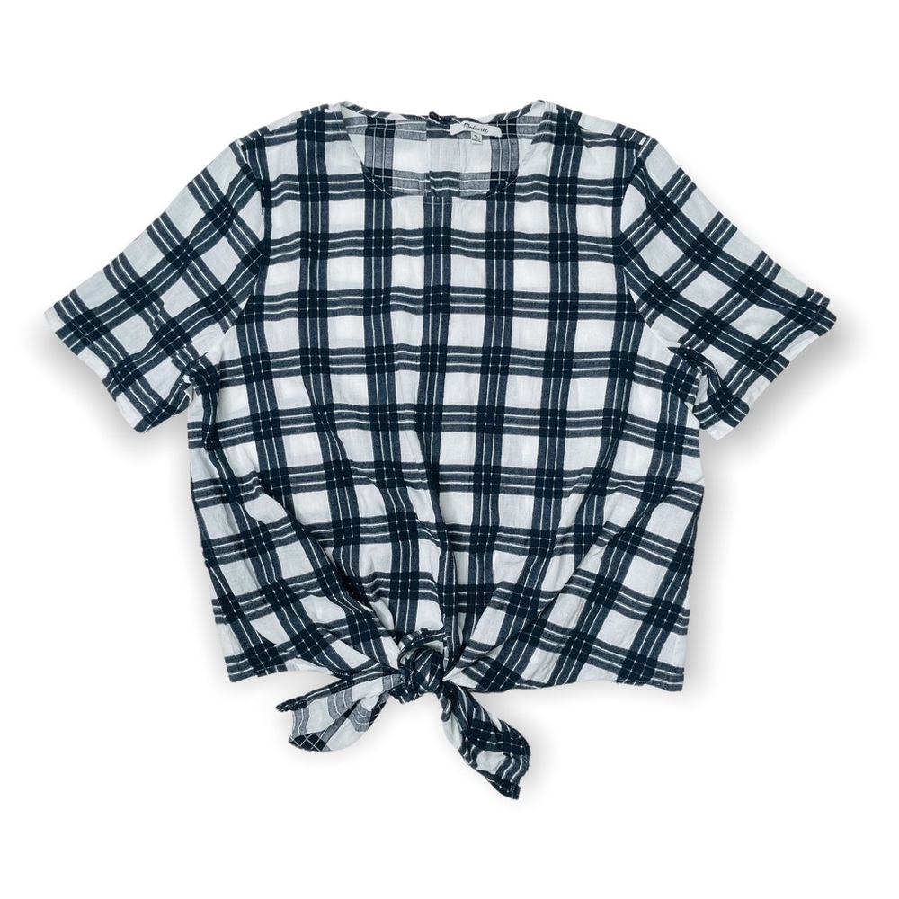 Madewell Navy & White Plaid Cotton Button-Back Tie Top Size XL - Picture 1 of 10